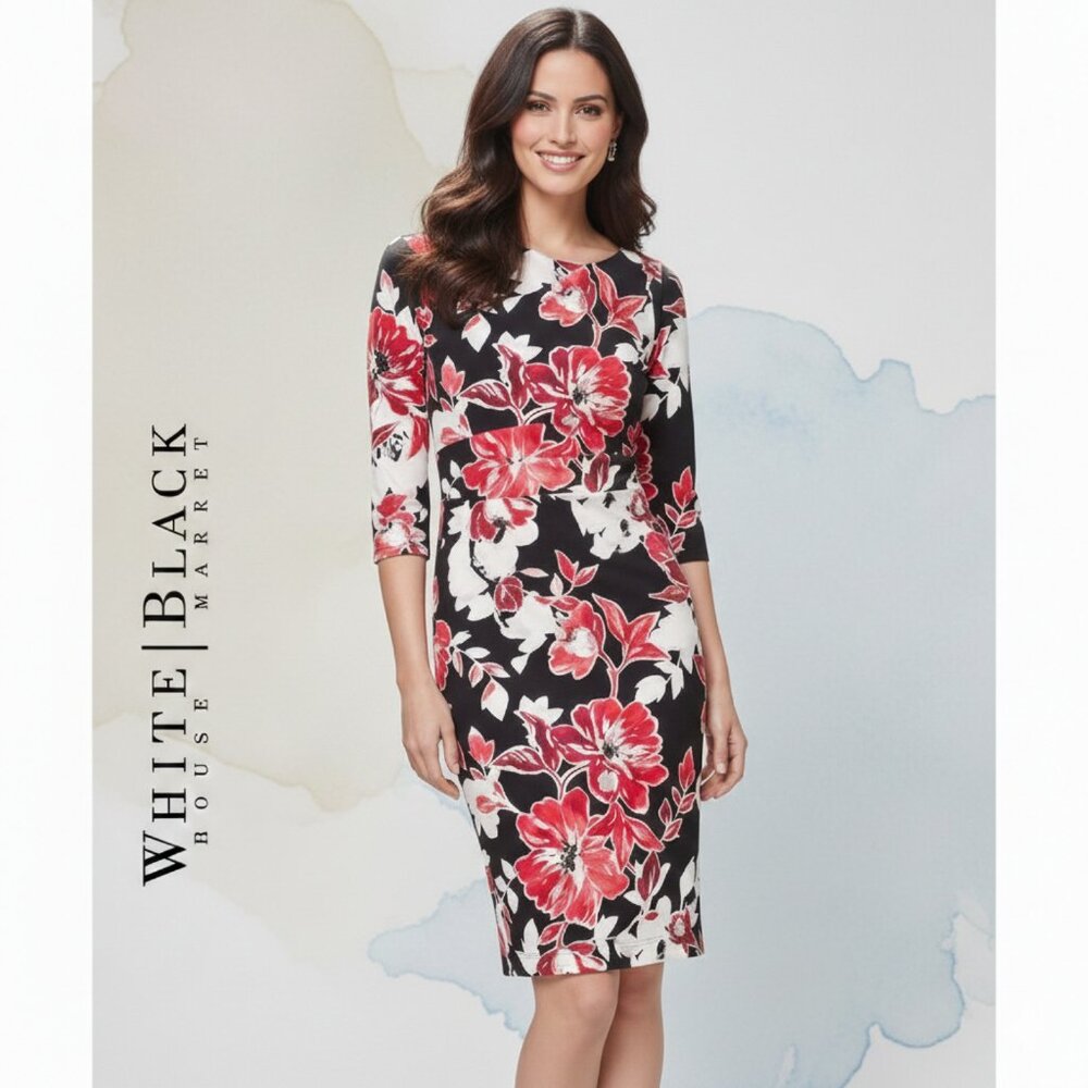 White House Black Market Red and Black Floral Sheath Dress NWT 2